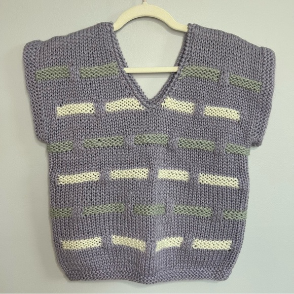 Andrew St. John Purple Green V-Neck Short Sleeve Chunky Knit Sweater Size Small - Picture 1 of 4